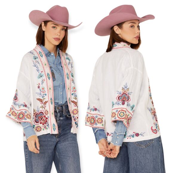 Johnny Was Sicilia Cropped Linen Kimono Jacket Floral Embroidery Size XS - Picture 1 of 12
